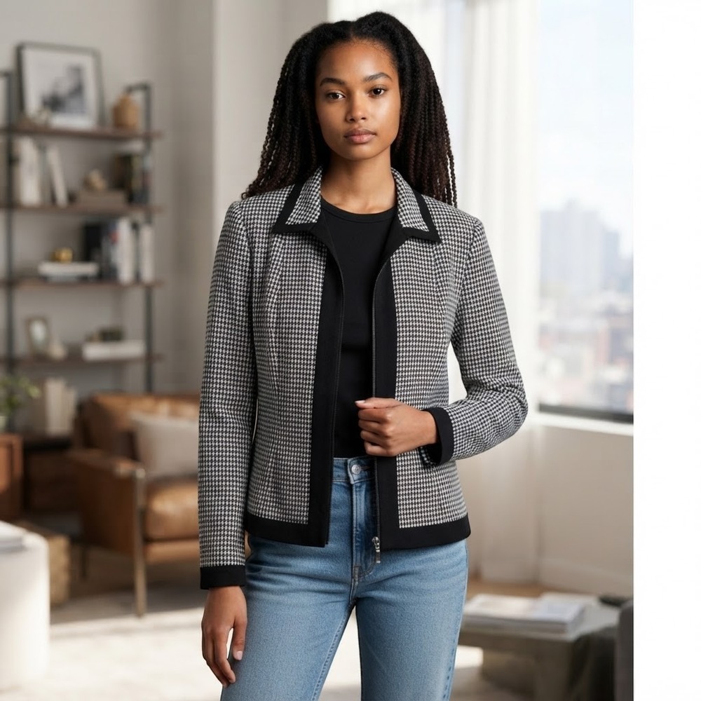 Danny & Nicole Womens 16 Houndstooth Zip Front Jacket Black White Contrast Trim